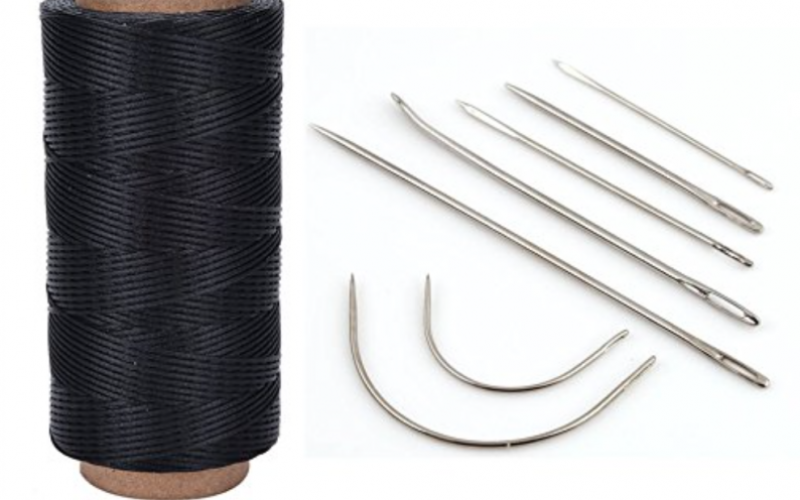 Take the nylon thread and the curved needle